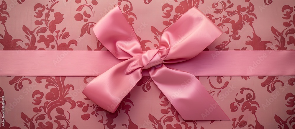 Poster top view of a pink ribbon bow on holiday paper, creating a festive background with ample copy space 