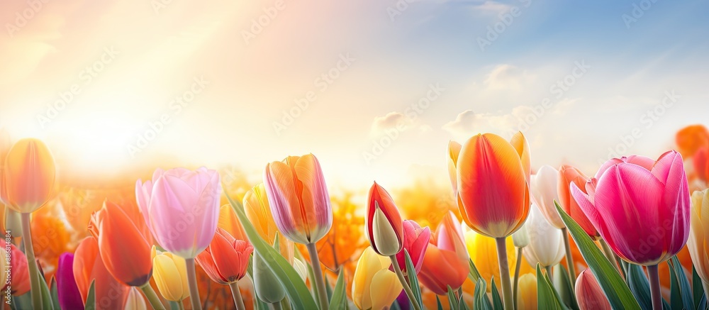 Poster Blooming spring flowers with a gorgeous fresh tulip in closeup view on a field, with copy space image available.