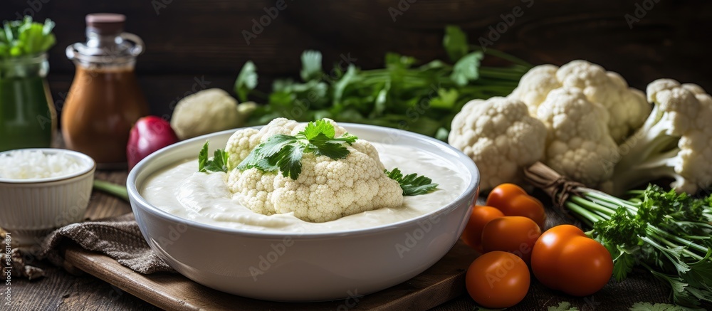 Canvas Prints Fresh cauliflower soup with a variety of vegetables in a healthy, rustic dish on the table with a copy space image for keto, paleo, veggie, vegan, or vegetarian diets.