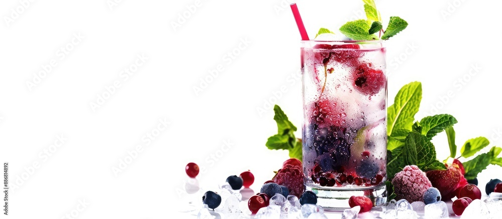 Poster a refreshing summer drink with mint, berries, and a straw, placed on a white background with room fo