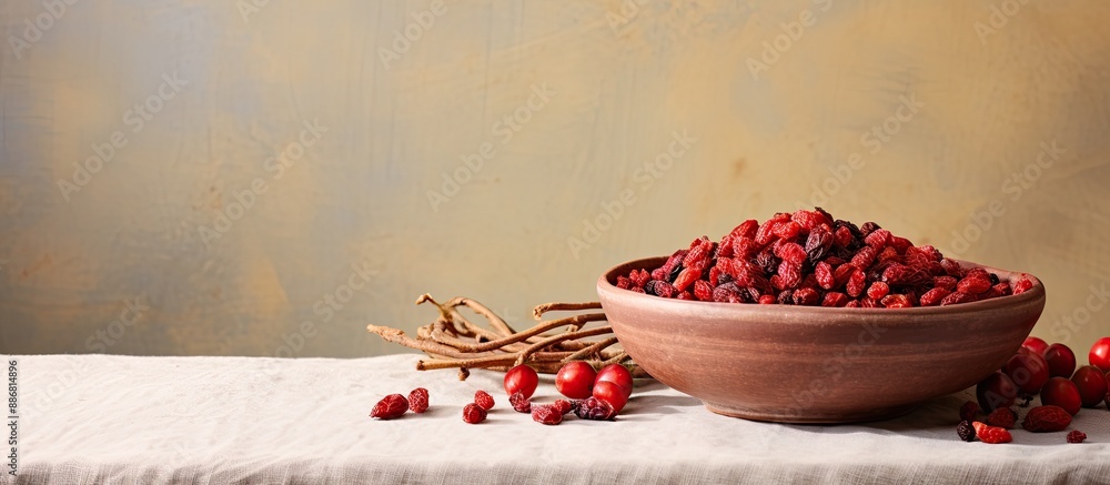Poster light background enhances bowl filled with dried barberries, creating an appealing copy space image.