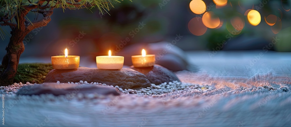 Poster peaceful japanese zen garden featuring three candle lights casting a serene glow, creating a tranqui