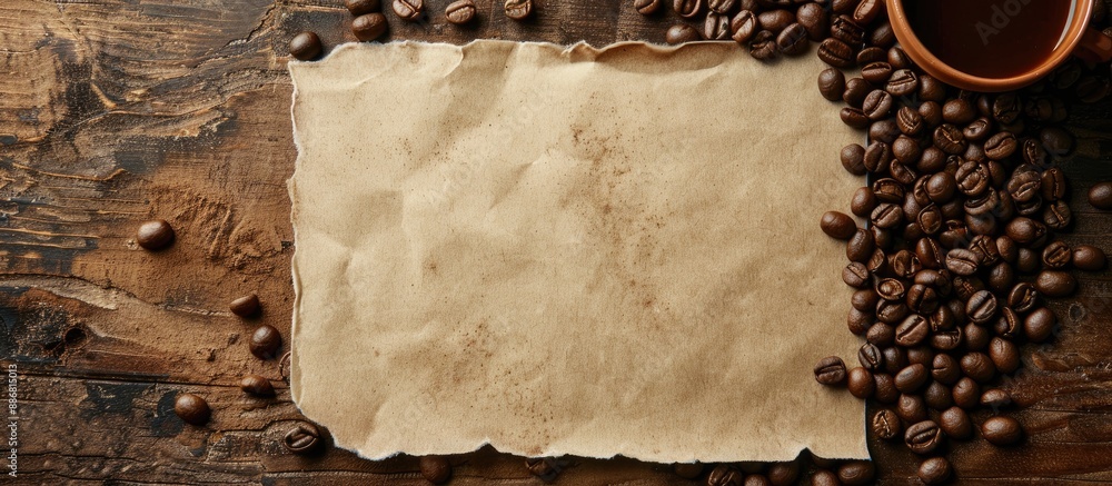 Poster an aerial perspective of a blank paper and a container of coffee beans with blank space for text or 