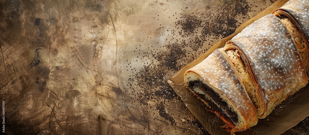 Poster Square textured stylish old paper background featuring a poppyseed strudel with copy space image.