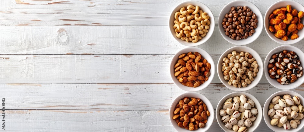 Aufkleber Top view of mixed nuts and sweets in bowls on a white wooden background for a diet decision concept with copy space image.
