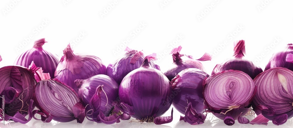Poster a vibrant purple onion is front and center, with fresh whole purple onions in the backdrop. the scen