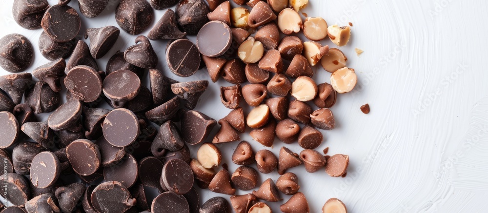 Poster Chocolate chips with nuts displayed on a white background with copy space image.