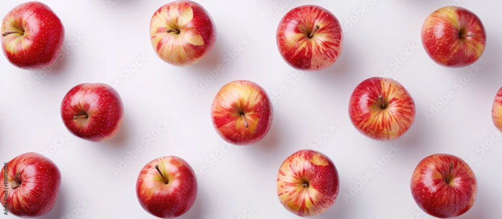 Poster Multiple apples arranged on a clear white backdrop with a visible empty space for text or graphic elements, creating a copy space image.