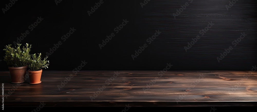 Poster wooden desk with ample copy space image for decoration against a black backdrop, creating a moody am