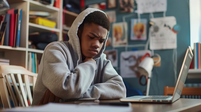 Pensive Teenage Boy in Hoodie Studying at Home Desk with Laptop and Books, Diversity in Education, Remote Learning Concept