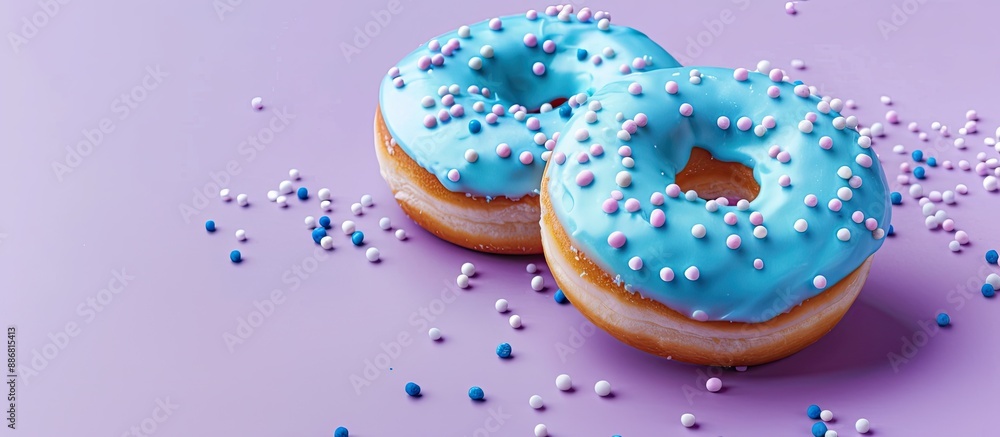 Poster Close-up view of two appetizing donuts adorned with blue and white icing and sprinkles, isolated on a purple backdrop. Illustrating dessert ideas, with available copy space image.