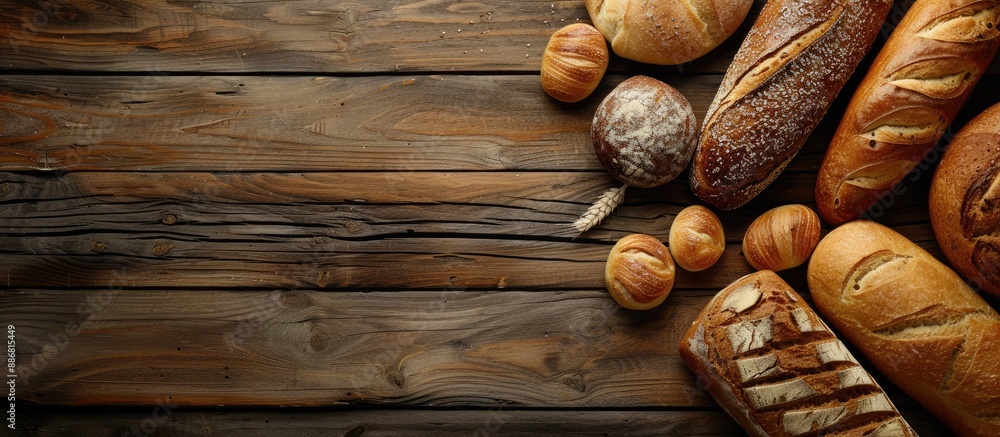 Poster Crucial assorted bread from the bakery on a wooden table with copy space image.