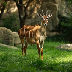 Fototapeta premium Antelope bongo on green grass in zoo