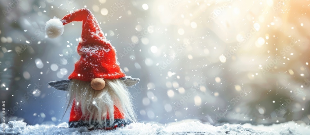 Poster Christmas gnome in a red hat on a light winter background in a Scandinavian theme, ideal for a greeting card with copy space image.