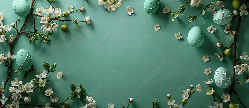 Aufkleber Top view of a green background adorned with spring flowers and Easter eggs, creating an Easter-themed copy space image.