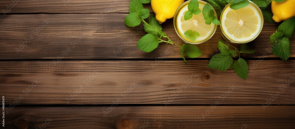 Poster Wooden background hosts a glass of refreshing lemonade with mint leaves and lemons, creating a visually appealing copy space image.