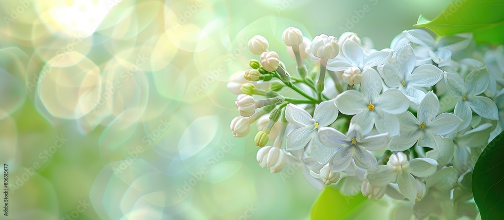 Poster selective focus on a white lilac flower with ample copy space image.