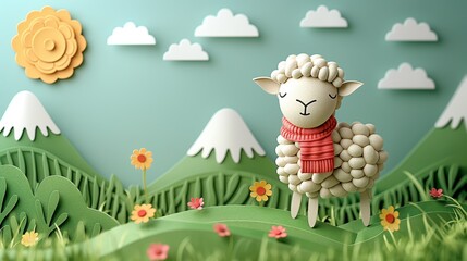 cute sheep in pastoral hill springtime, cute paper cut style illustration, nursery baby animal concept,