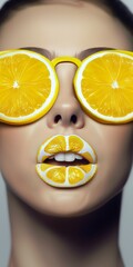 Close up beautiful girl wears lemon slices on her eyes and lips. Face and skin care.