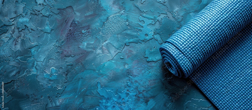 Poster capture a top-down view of a textured blue yoga mat background, offering ample space for additional 