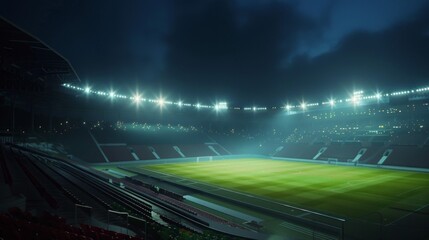 A football stadium stands empty under the night sky, illuminated by bright stadium lights. The green pitch is ready for action, but the stands are silent, waiting for the crowd to arrive