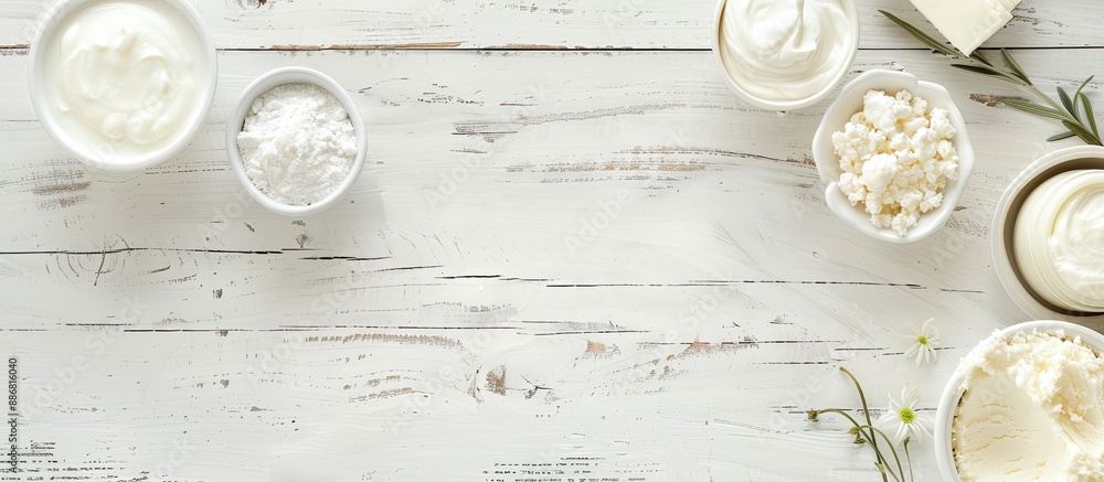 Poster Dairy product samples displayed on a white wood table with copy space image available.