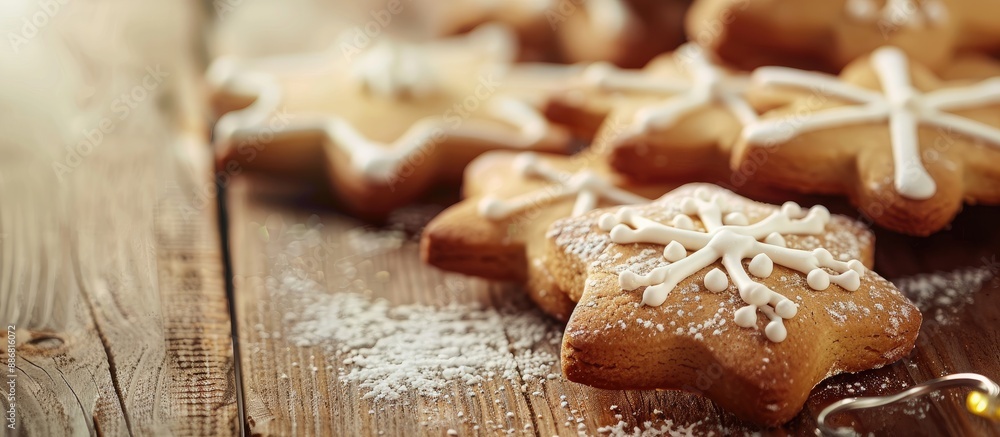 Poster composition of christmas cookies on a wooden table with text space image.
