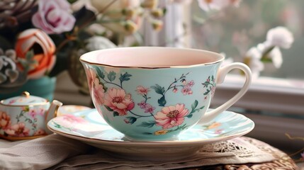 Fototapeta premium teacup floral set, elegant teacup and saucer set featuring delicate pastel tones and intricate floral patterns, perfect for hosting a stylish tea party