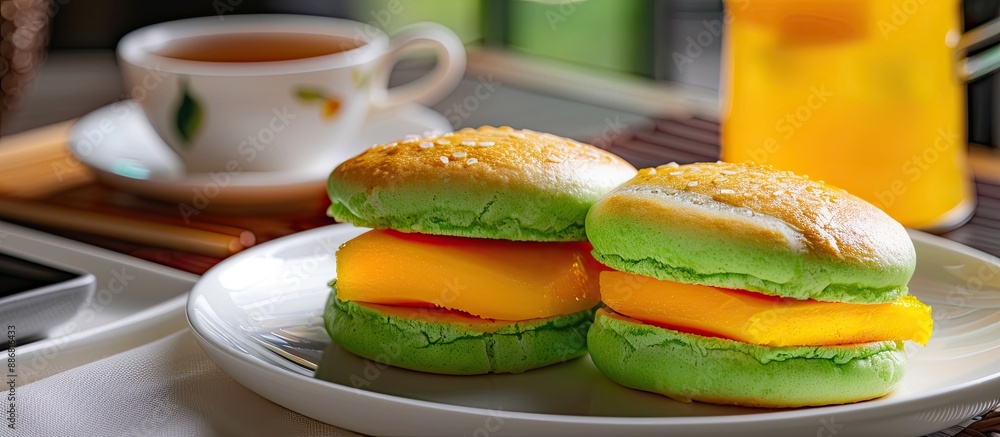 Poster green tea bun with mango sandwich on a white plate with a copy space image.