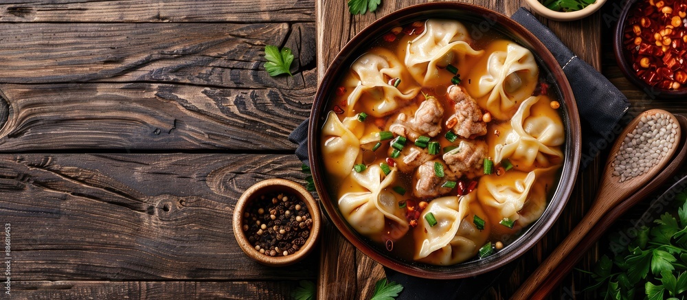 Poster Table with a soup bowl containing dumplings and meat, positioned for a copy space image.