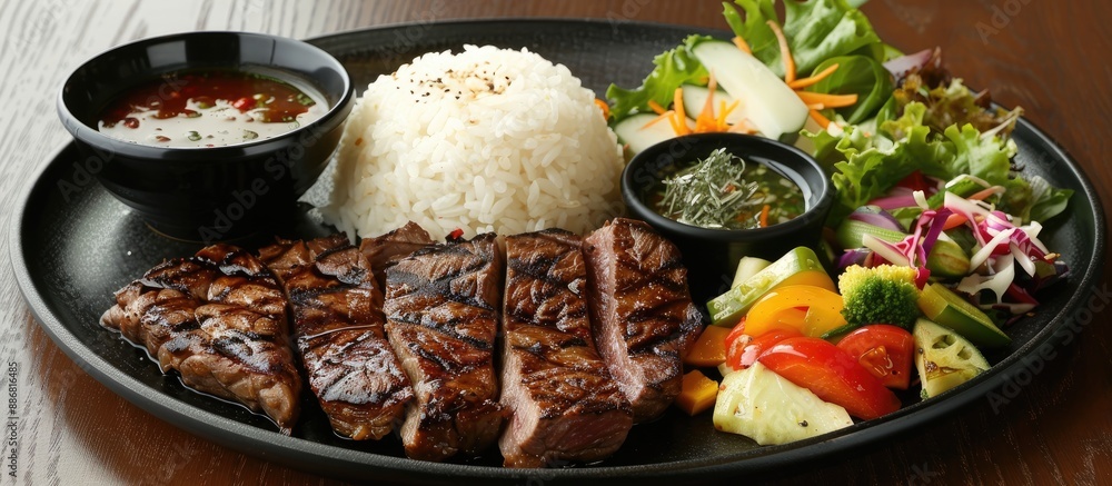 Sticker menu options include an appetizing array of steak, white rice, salad, and vegetables.