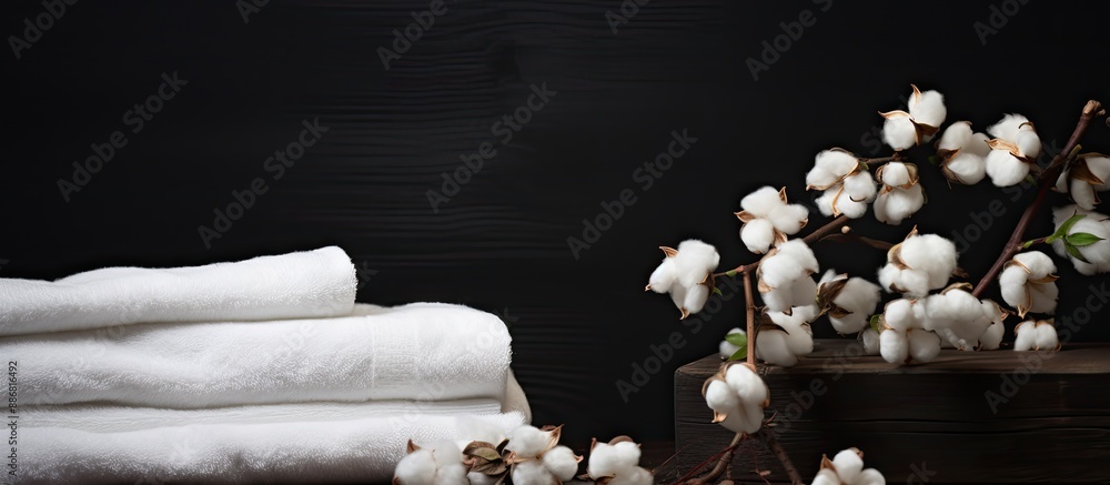 Wall mural Dark background with cotton flowers and soft towels offers copy space image.