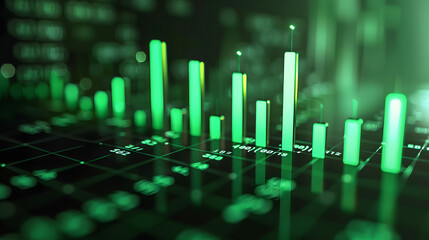 A glowing green financial bar graph displayed on a dark background, representing data analysis, stock market trends, and financial growth. The image highlights the dynamic nature of financial analytic
