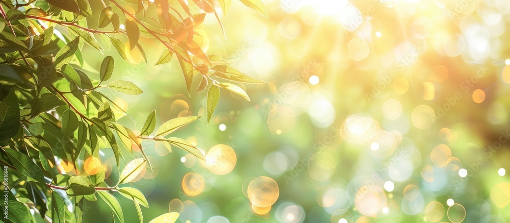 Poster abstract blurred foliage and bright summer sunlight beautifully create a bokeh background with a cop