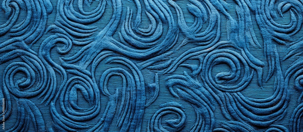 Aufkleber close-up image of a blue wool texture with intricate needlework on a natural fabric background, conv