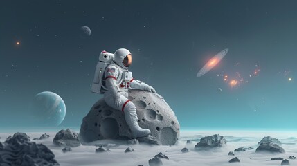 Fototapeta premium Space exploration scene with astronauts exploring a rocky exoplanet, with distant stars and nebulae in the sky. Illustration, Image, , Minimalism,