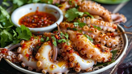 A plate of grilled squid tentacles with spicy dipping sauce and fresh herbs, ready to eat.