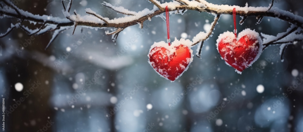 Poster a pair of artistic red and white handmade hearts dangle from a snow-covered fir branch in the forest