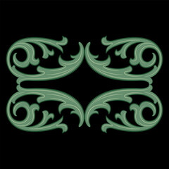 Geometrical vintage floral design or frame with stylized leaves. Medieval or baroque motif. Green foliage on black background.