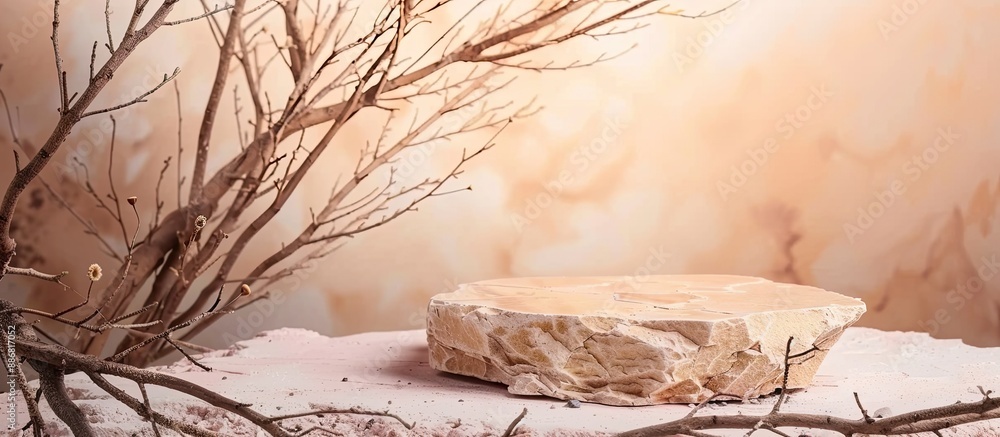 Aufkleber brown rough stones arranged to create a podium with dry tree snags on a soft pastel backdrop can ser