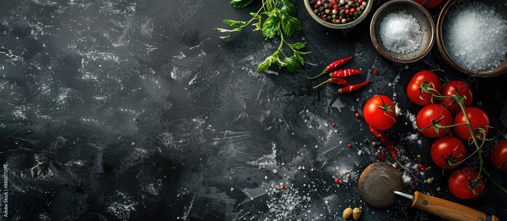 Poster cooking ingredient on dark backdrop, viewed from above with copy space image, emphasizing the cookin