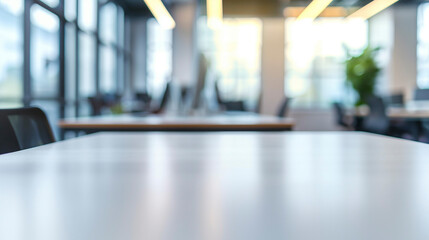Modern stylish office mockup with table in focus. Background blurred copy space