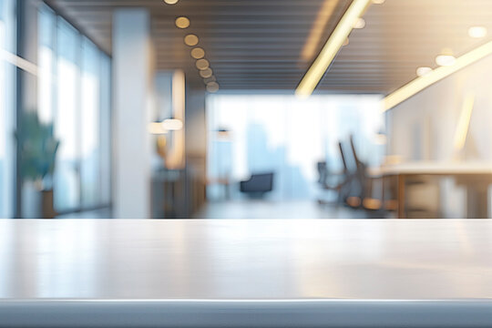 Modern stylish office mockup with table in focus. Background blurred copy space