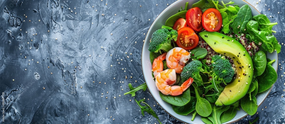 Poster Healthy food assortment featuring spinach, avocado, tomato, salad, broccoli, shrimp, and quinoa on a background with copy space image.