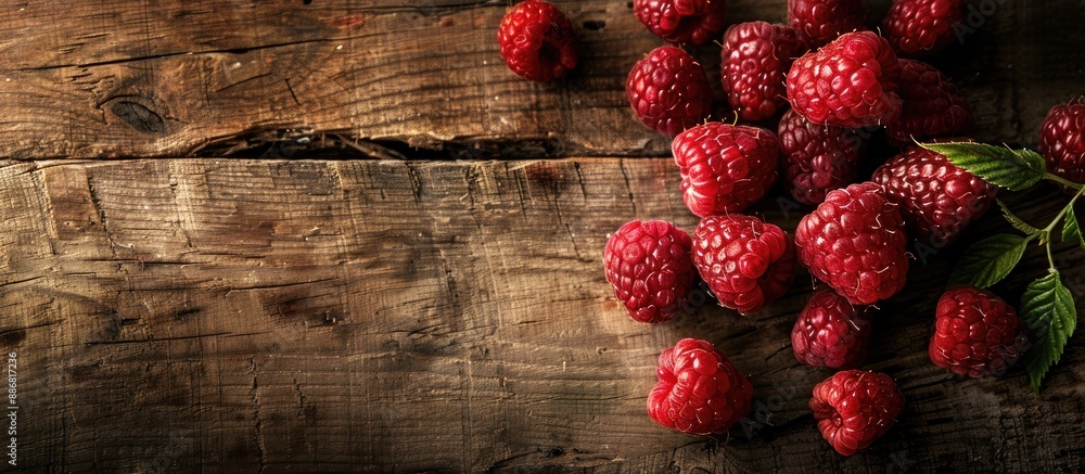 Poster fresh raspberries displayed on a rustic old wooden tabletop with ample copy space image.