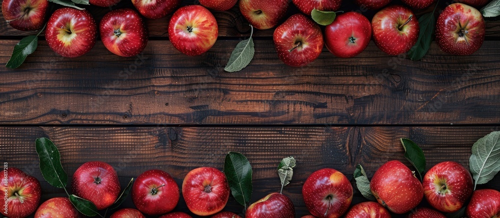 Aufkleber Wooden background covered with apples. Flat lay view from the top with copy space image.
