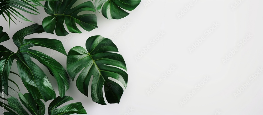 Poster monstera leaves or swiss cheese plant displayed in a modern interior with a white background, embody