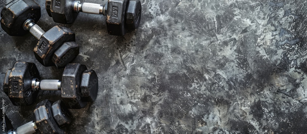 Poster dumbbells placed against a gray backdrop with ample copy space image.