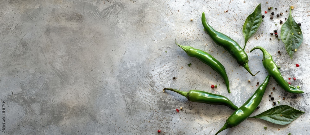Poster an aerial shot of some green hot peppers on a pale stone backdrop with ample copy space image.