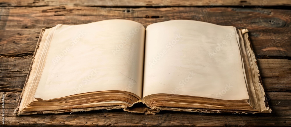 Poster Notebook opened on a wooden table with copy space image.